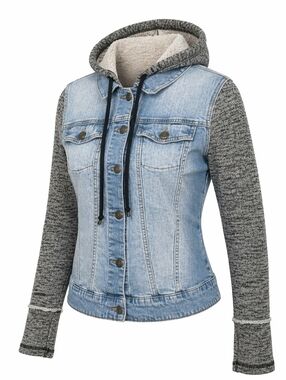 Mossimo Hooded Denim Jacket Knit Sleeve Hoodie Juniors Jean Jacket XL Runs Small